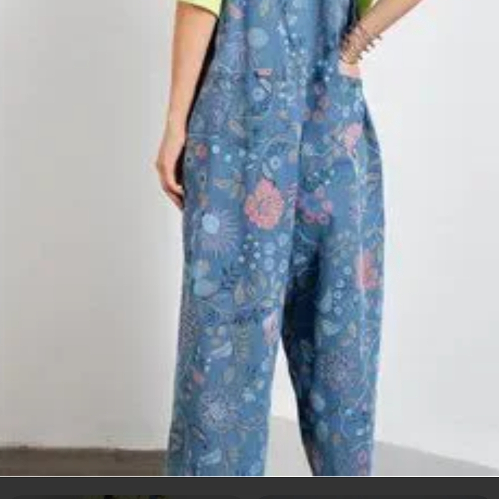 easel Blue Floral Denim Overalls Jumpsuit - Picture 2 of 12